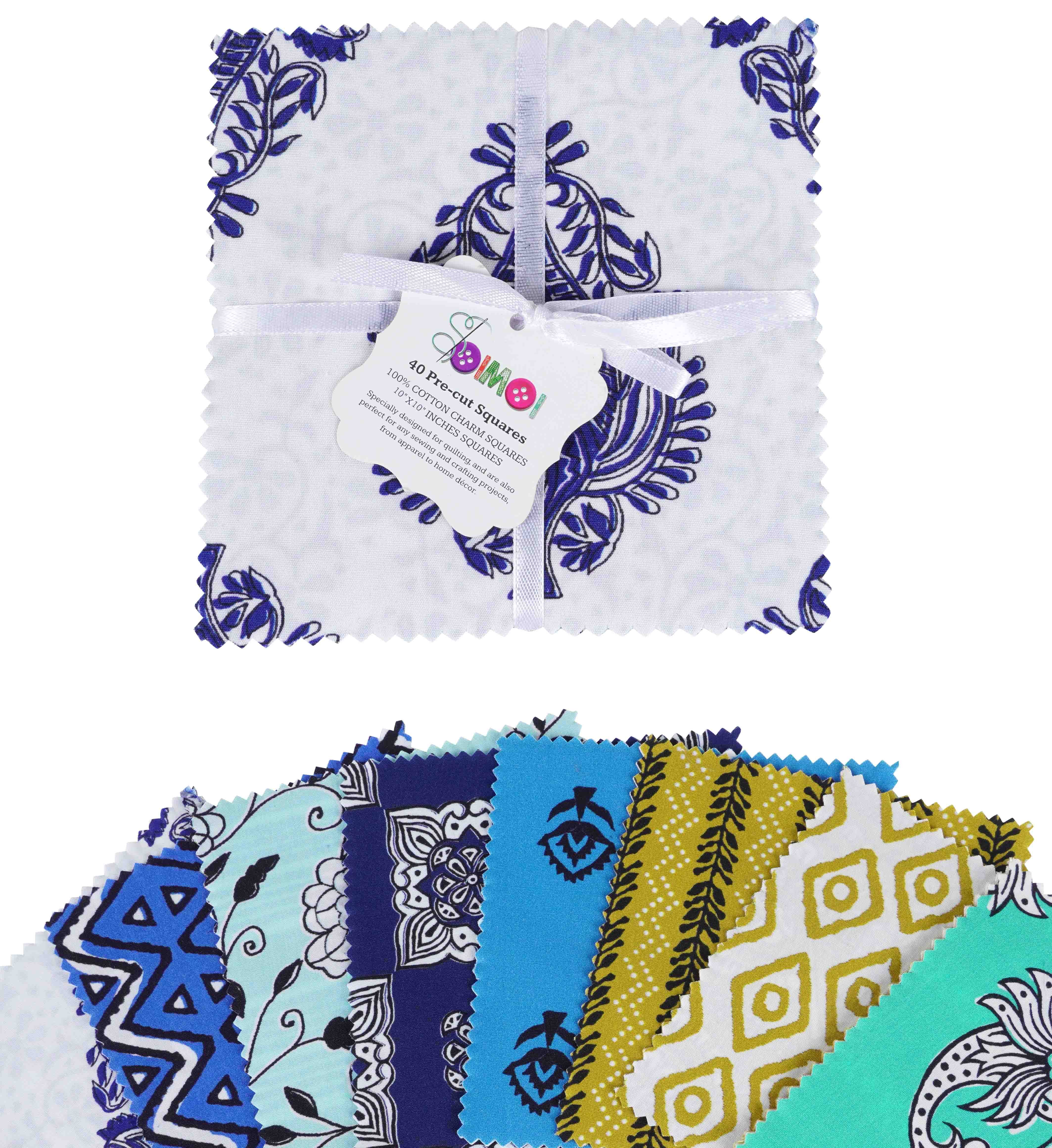 Fabric Edition, Inc. Blue Prints 10 Squares Pre-Cut Fabric