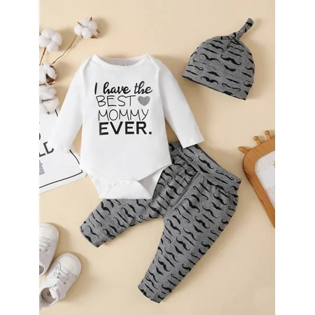 

3pcs Baby Cartoon Letter Solid Round Neck Long-Sleeve Bodysuit With Beard Print Pants & Hat Set Autumn & Winter