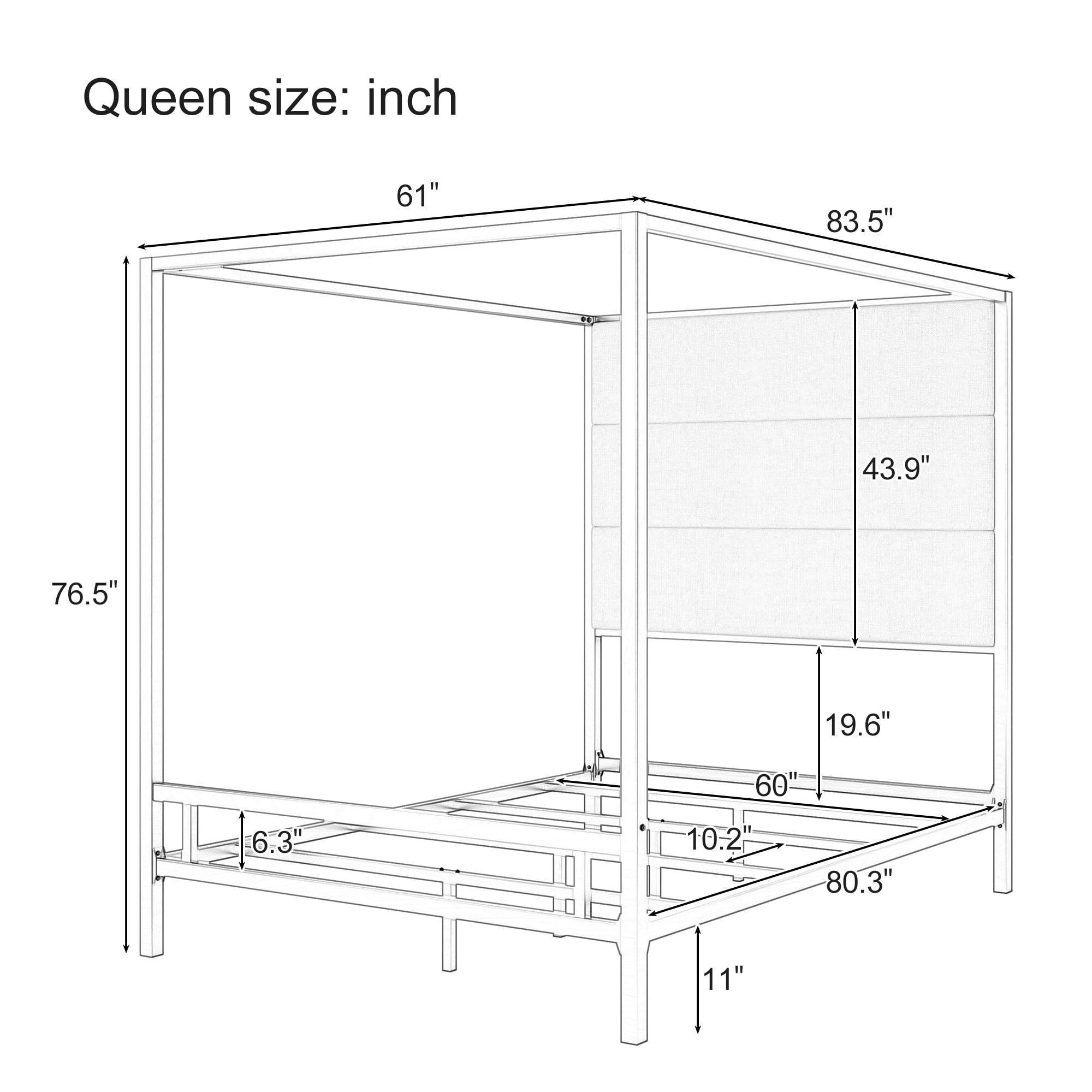 Euroco Cama con Dosel de Metal Tamaño Queen con Cabecera Tapizada, Dorado