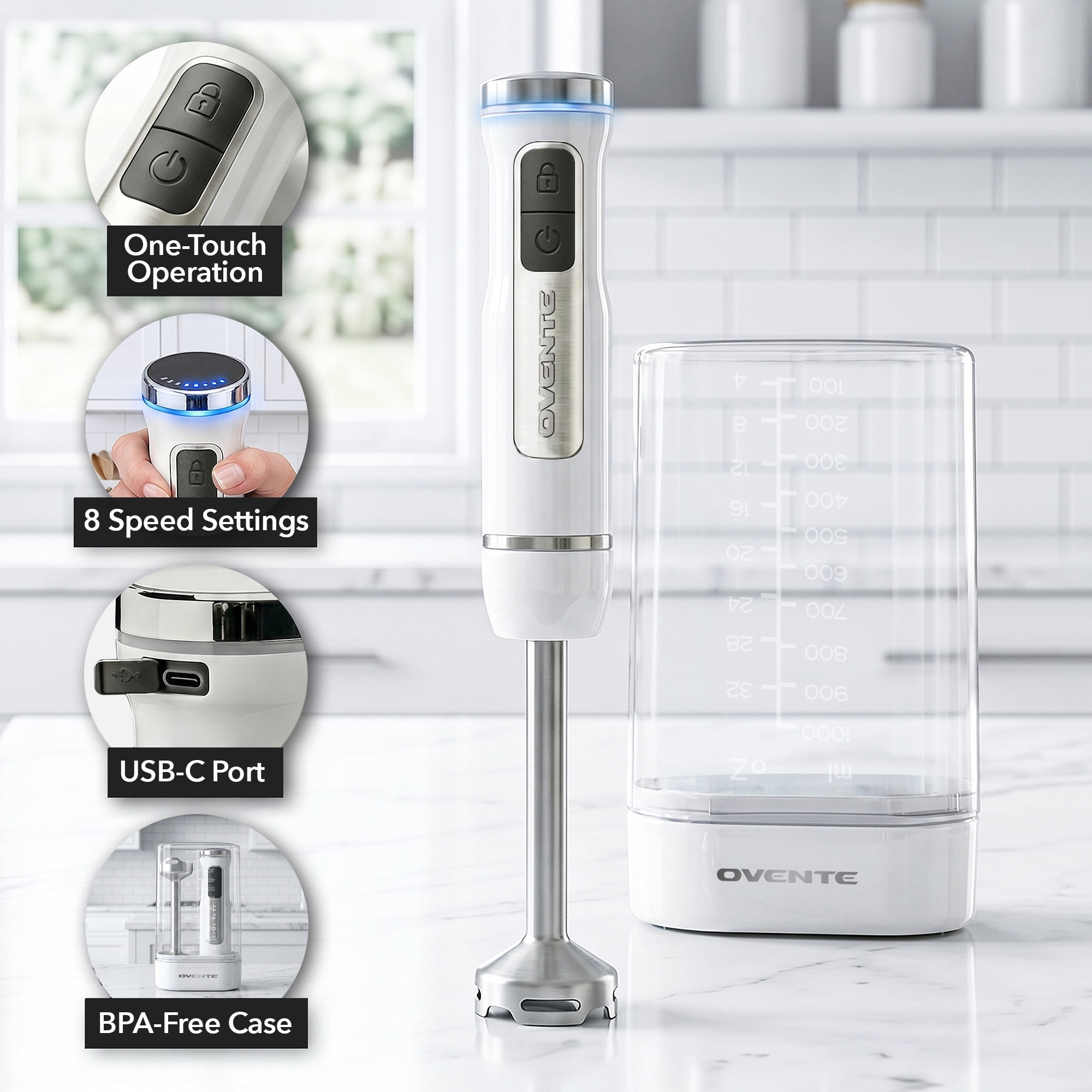 OVENTE Cordless Hand Blender, Rechargeable with 8 Mixing Speed White HR781W | 200 Watts Handheld Portable Stick Mixer, One-Touch Control and Stainless Steel Blades for Smoothies, Shakes or Soups