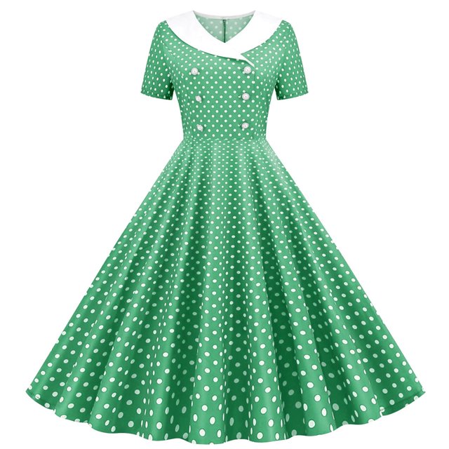Dvprdro Robe de Bal pour Invité de Mariage Femme Mode Vintage à Manches Courtes Imprimé Polka Ligne Évasée Cocktail Fête Midi