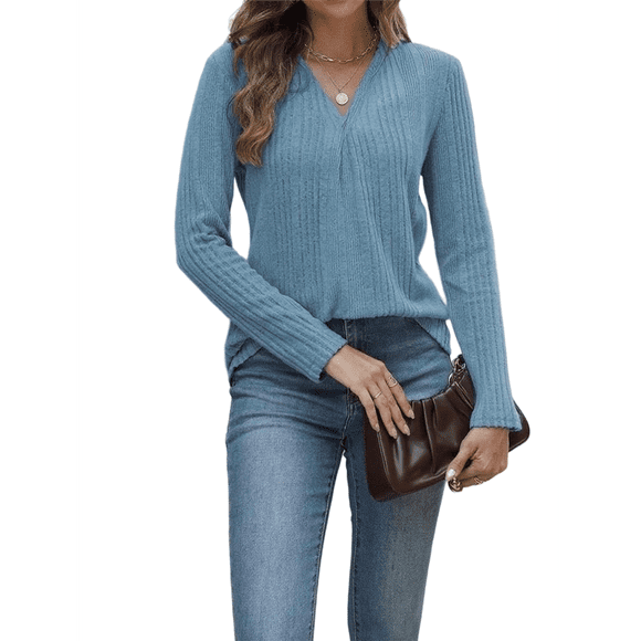 Women Sweater V Neck Long Sleeve Pullover Tops Fall Fashion Casual Clothes Royal Blue L