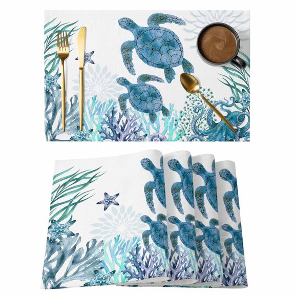 Ocean Blue Turtles Placemats Set of 4 Coastal Octopus Coral Nautical Seagrass Place Mats Indoor Wipeable Table Mats Washable Dining Table Placemats for Kitchen Holiday Party Home Decor 13x19 Inch