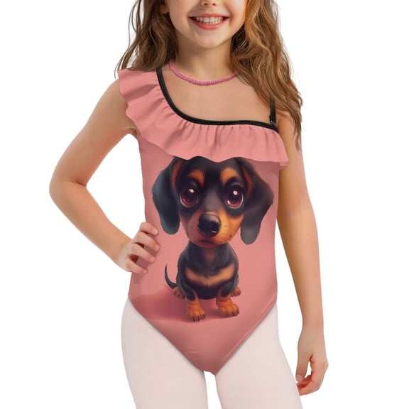 Uorisanigo Cute Dachshund Girls Swimsuit One Piece Ruffle Bathing Suit One Shoulder Polyester and Spandex Beach Swimwear, Size 3-4