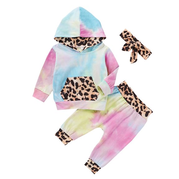 Edvintorg 3-18M Infant Baby Girl Long Sleeve Trousers Suit Rainbow Tie-Dyed Leopard Hooded Tops Leopard Stitching Pants Headband 3Pcs Clothes Spring Fall