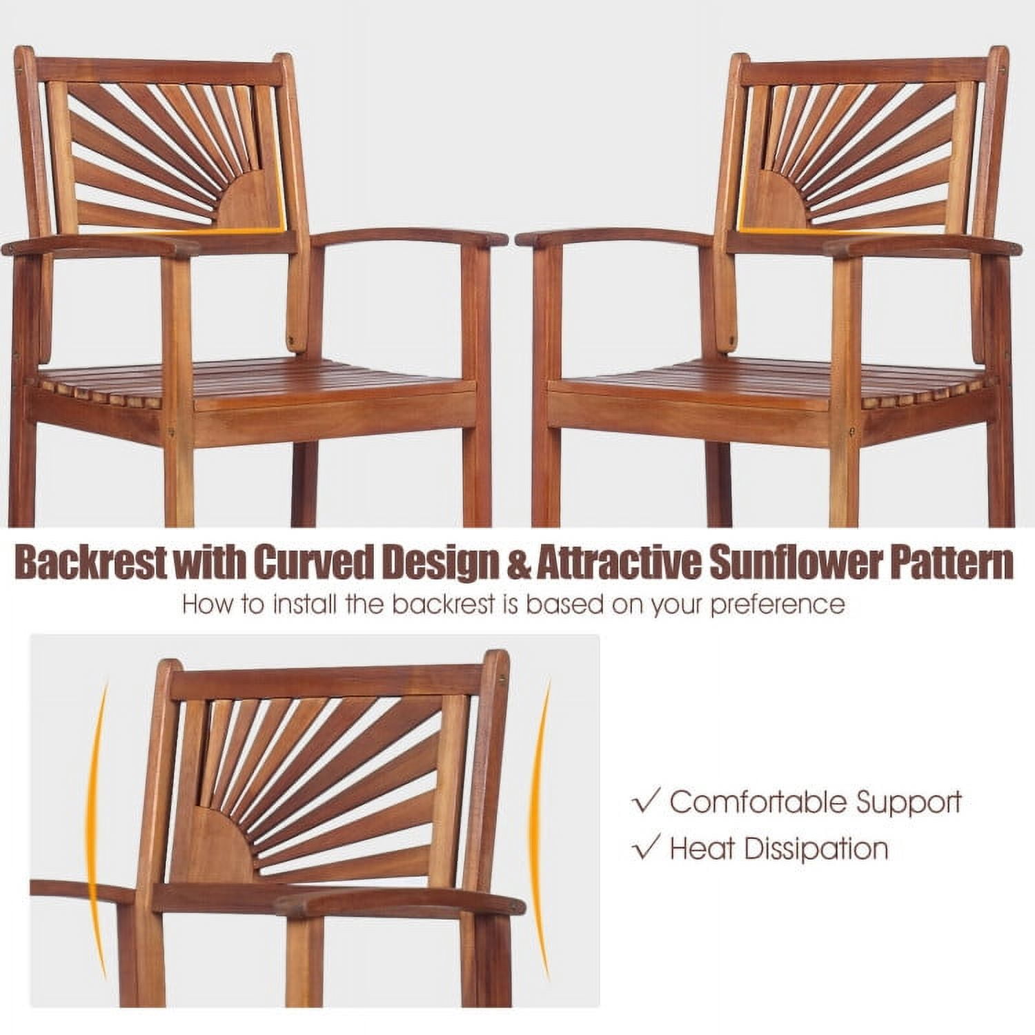 Aimee Lii 2 Pieces Outdoor Acacia Wood Bar Chairs with Sunflower Backrest and Armrests, Outdoor Patio Furniture