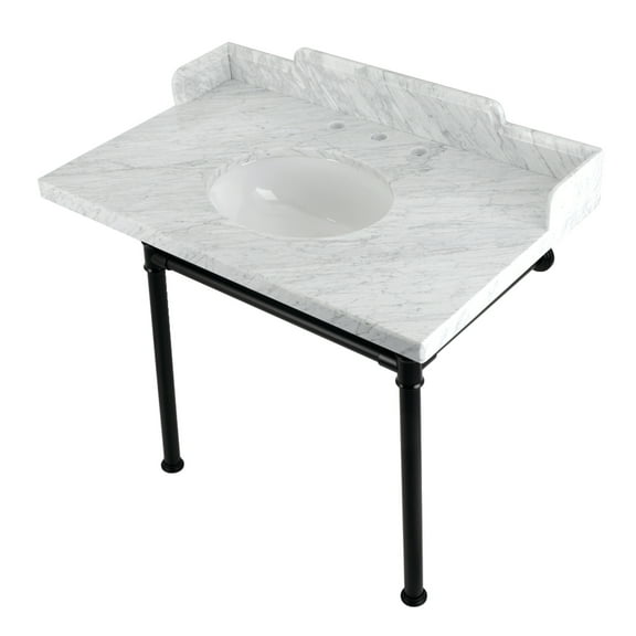 Kingston Brass LMS3622M80ST Wesselman 36" Carrara Marble Console Sink with Stainless Steel Legs (8-Inch, 3-Hole), Carrara Marble White/Matte Black