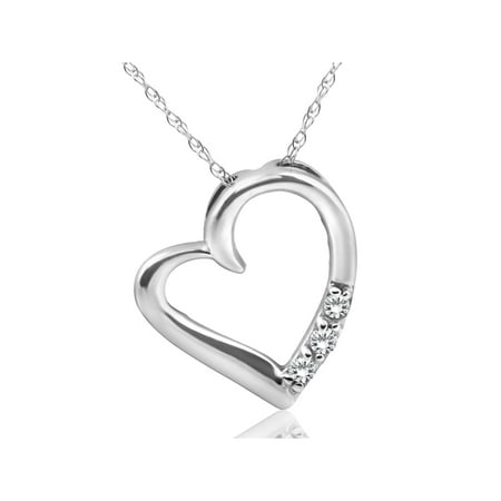3 Stone Diamond Necklace - Diamond Heart Pendant 3-Stone 10K White Gold