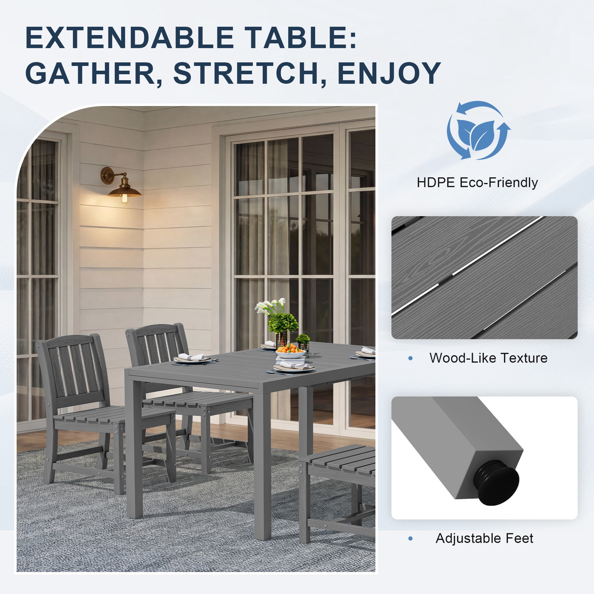 SERWALL 7-Piece Outdoor Dining Set with Expandable Patio Dining Table and 6 Chairs, 60–83 Inch All-Weather HDPE Patio Furniture Sets for Backyard, Garden, Deck, Poolside - Gray