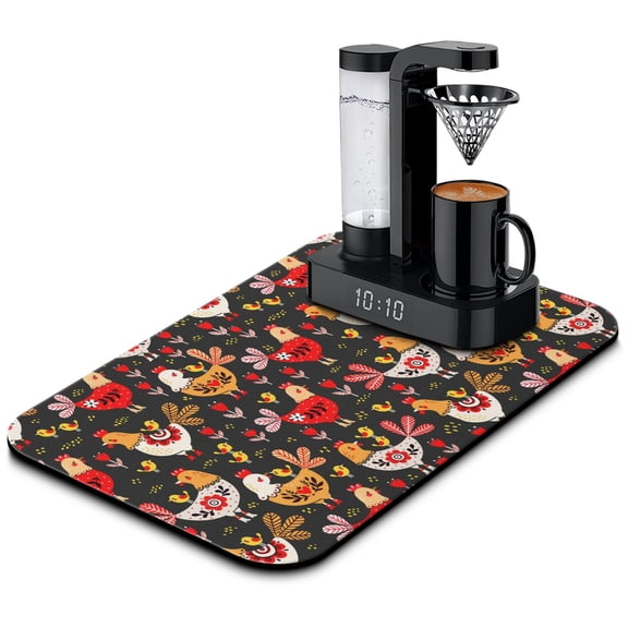 Minimalist Chicken Coffee Station Mat - Modern Absorbent Counter Protector with Geometric Pattern