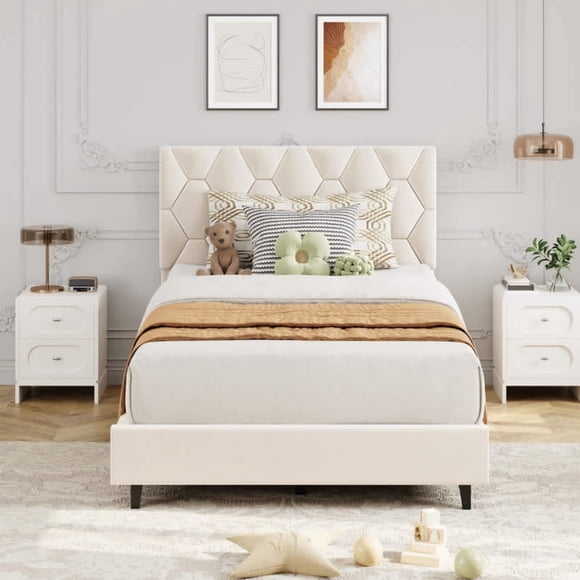 Tamaño individual-size beige marco de cama con forrado cabecero: heavy-duty cama de plataforma con strong wood slats, no box spring required, noise-free & fácil montaje