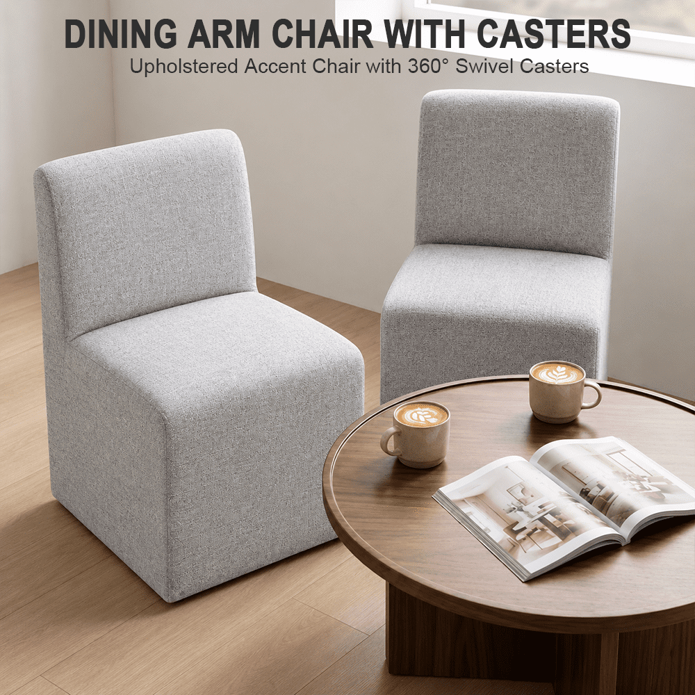 Aenkyo Dining Chairs with Casters, Set of 2, Upholstered Rolling Side Chairs, Feather Gray