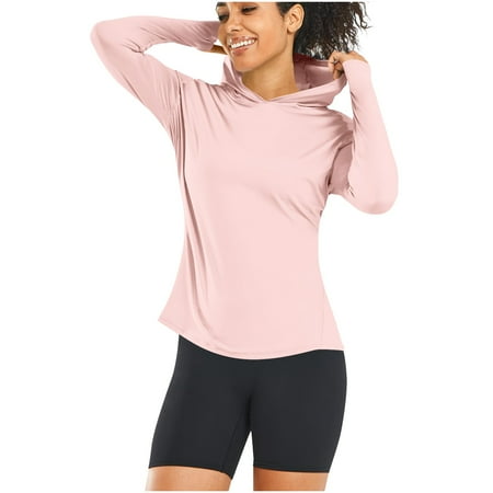 aohooy Womens Sun Shirt Long Sleeve Breathable Stretch Uv Protection Hoodie Rash Guard Hiking Tees for Running Outdoor Workout Pink M
