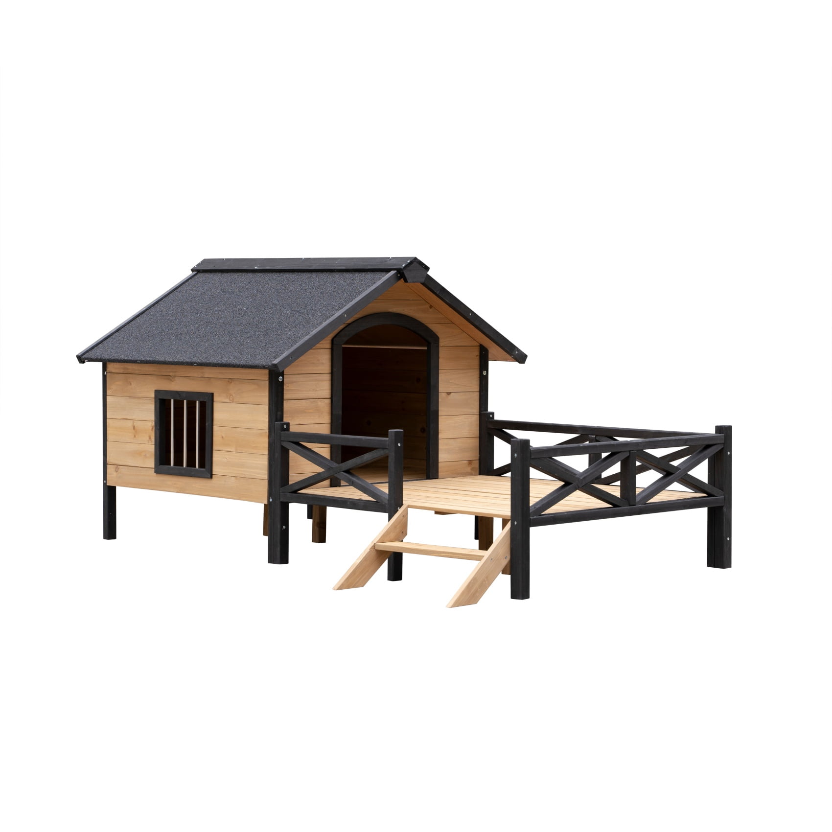 67'' Wooden Large Dog House w/Porch Deck,Iron Frame Dog Kennel for XL Dogs,Weatherproof Outdoor Dog House with Asphalt Roof,Elevated Cabin Style Pet Shelter,Honey