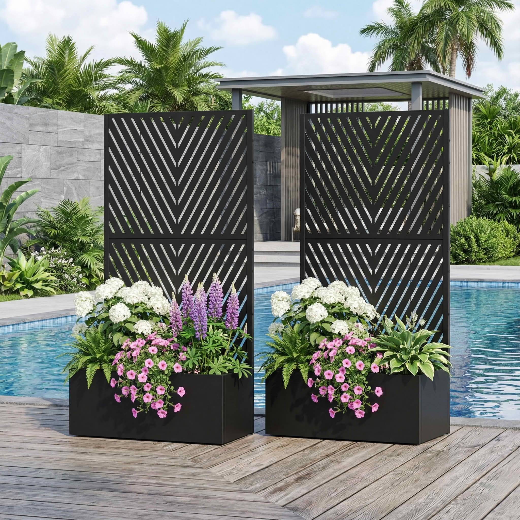 MAYEERTY 59X30" Metal Outdoor Black Privacy Screen with Planter Box for Backyard & Garden, 2 Piece Set, Double‑sided Installation