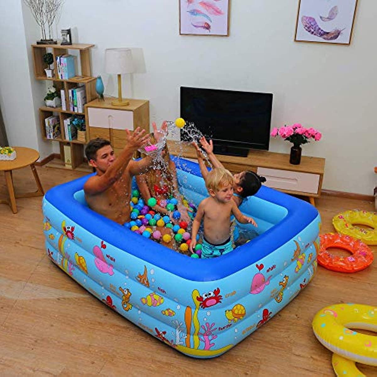 Paddling Pool, Inflatable Pool with Soft Inflatable Floor, Ocean World Kids Swimming Pool for Kids, Inflatable Bath Tub, Ball Pit for Indoor, Outdoor, Garden, Backyard