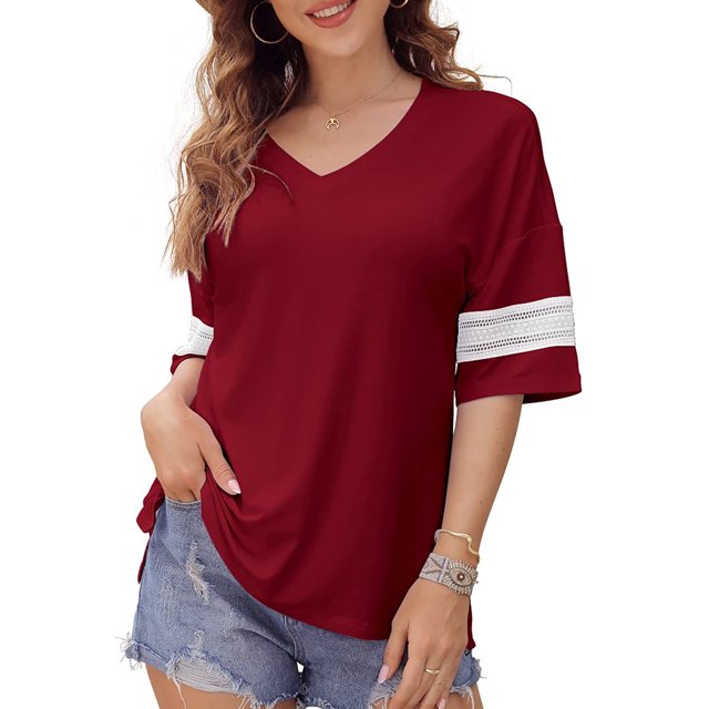 Camiseta con cuello en V y abertura lateral, puños de encaje sueltos, media manga, Top informal de moda para mujer