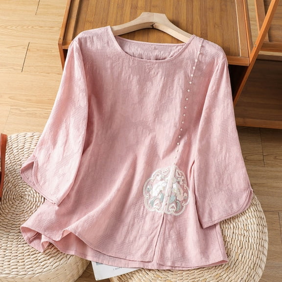 Zysthvn 3/4 Sleeve Women Shirt Embroidered Cotton Blend Plus Size Casual Women T Shirt Crew Neck Solid Breathable