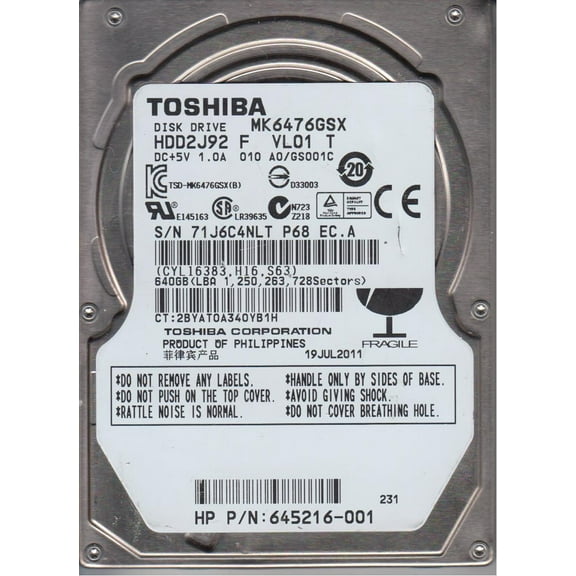 MK6476GSX, A0/GS001C, HDD2J92 F VL01 T, Toshiba 640GB SATA 2.5 Hard Drive