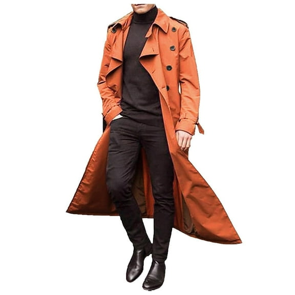 HaHaHappy Mens Trench Coat Double Breasted Long Jacket Casual Windbreaker Notched Lapel Belted Overcoat Orange L