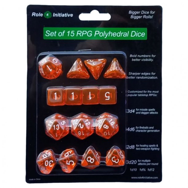 Set of 15 Large HighVisibility Polyhedral Dice Translucent Orange with White Numbers (3d4 4d6