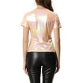 thumbnail image 3 of INSPIRE CHIC Women's Party Metallic Textured Short Sleeve Shiny Multicolor Top Beige Pink S, 3 of 4