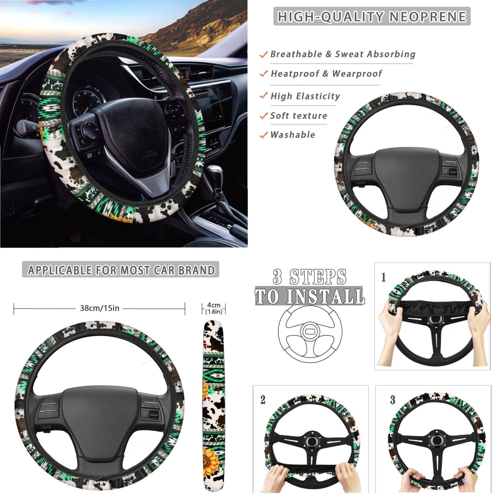 Renewold American Tribal Sunflower Cow Print Green Car Seat Covers Full Set, with Steering Wheel Safe Belt Cover Handbrake Set Coasters Garbage Bin Rear View Mirror Center Console Cover, 14 PCS