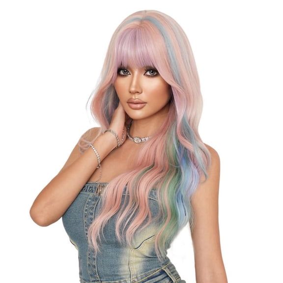 Rainbow Colored Long Curly Hair Wig, Big Wave Full Head Cover For Women