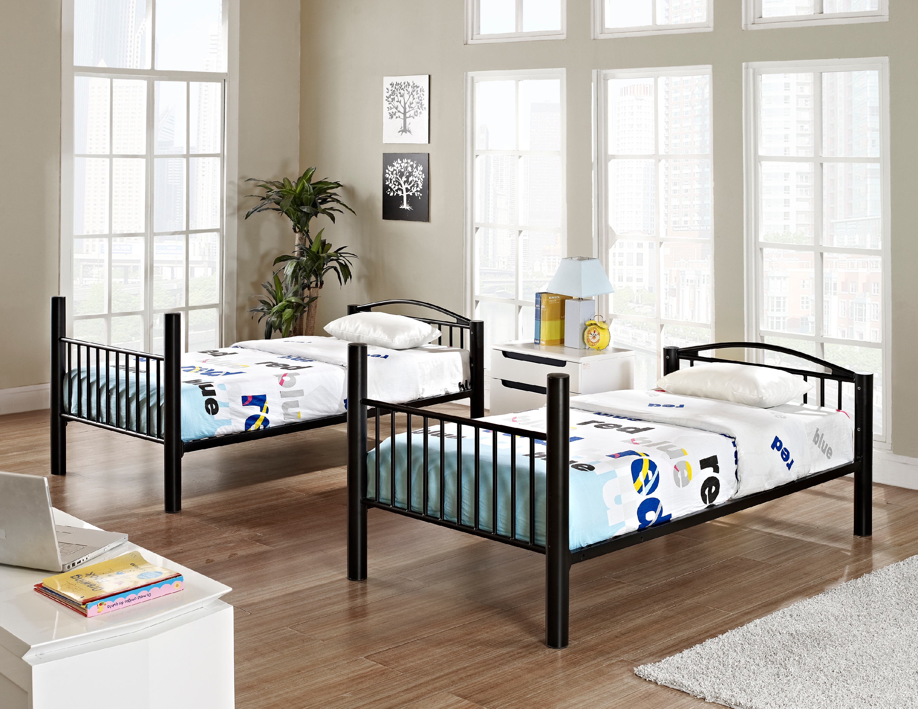 Powell Kalmia Twin Over Twin Heavy Metal Convertible Bunk Bed with Ladder, Black Finish