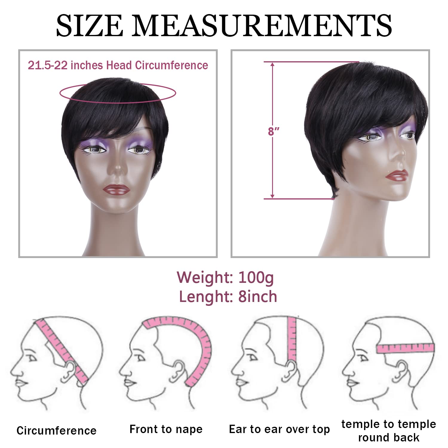 QUEENTAS 9" Human Hair Wig Short Wigs for Women Glueless Wigs Human Hair Black Wigs Pixie Cut Wigs with Bangs