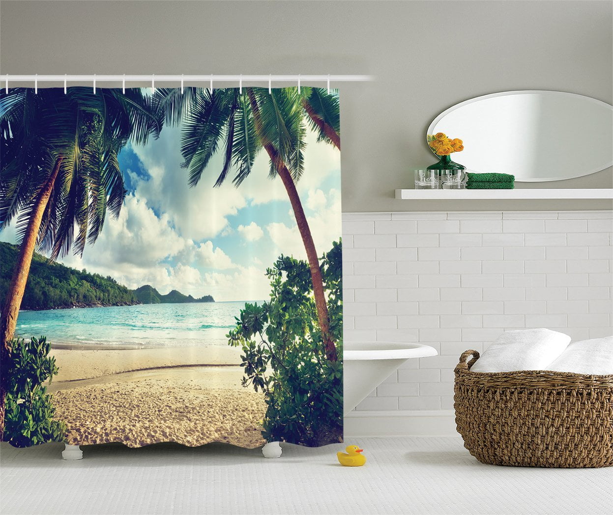 Tropical Beach Happy Holiday Fabric Shower Curtain Set Bathroom Decor w// Hooks