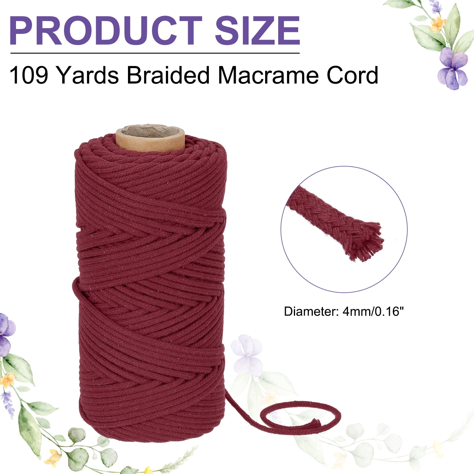 Braided Macrame Cord, 4mm x 109 Yards Natural Cotton Rope Macrame Yarn Bohemia Craft String with Scissors(Wine Red)