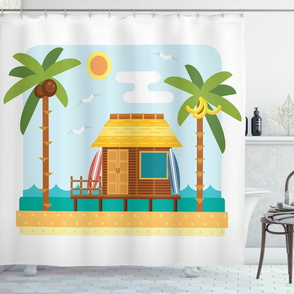 Fiji Shower Curtain, Digital Graphics of a Bungalow House on a Beach Surfboards and Palm Trees, Fabric Bathroom Set with Hooks, 69W X 84L Inches Extra Long, Baby Blue Multicolor, by Ambesonne
