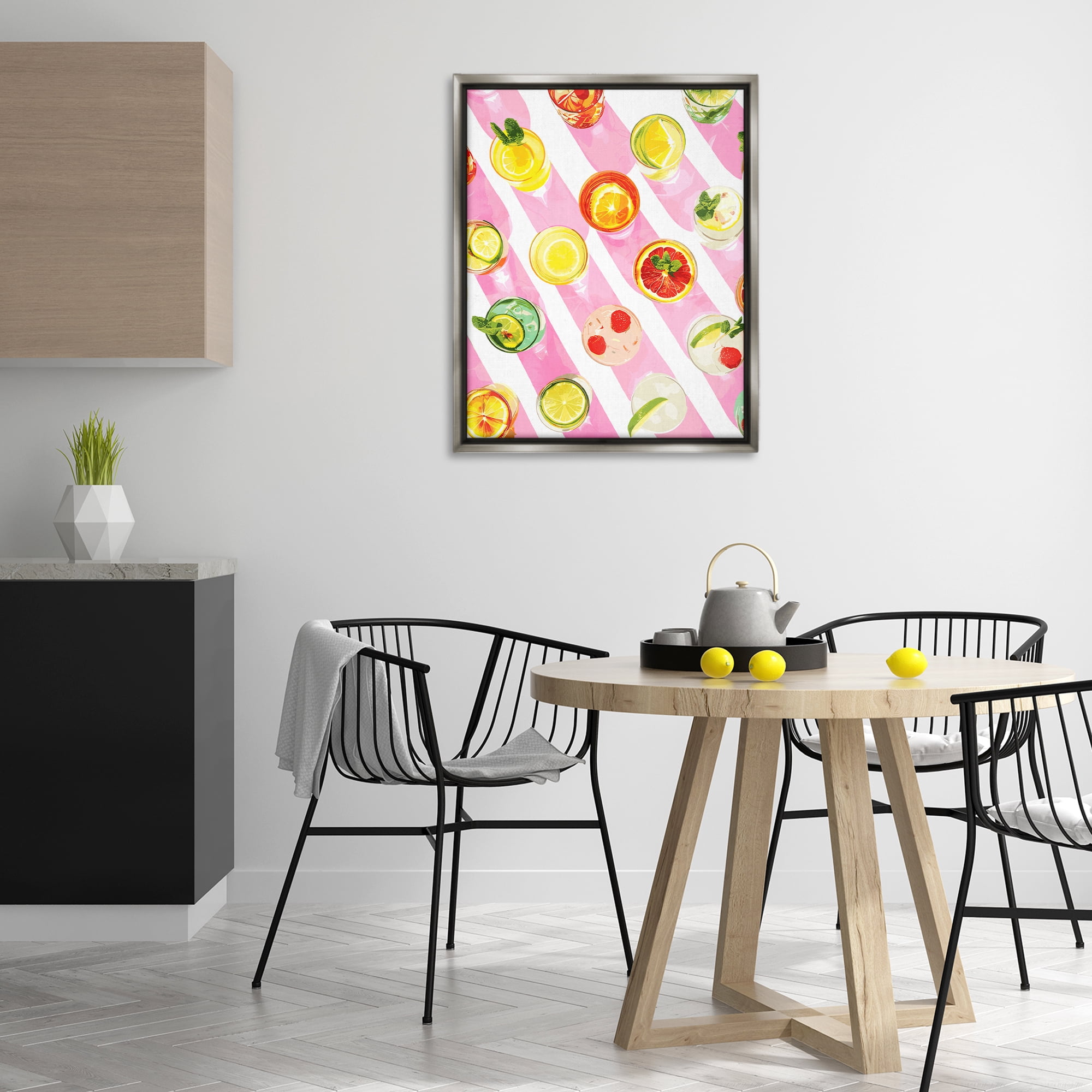 Stupell Industries Aerial Cocktails on Stripes Food & Beverage Painting Gray Floater Framed Canvas Art Print Wall Art, 25 x 31