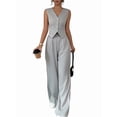 thumbnail image 2 of Womens Two Piece Outfits Summer Fashion Button V Neck Crop Vest Blazer and Wide Leg Pants Suit Matching Gray XL, 2 of 9