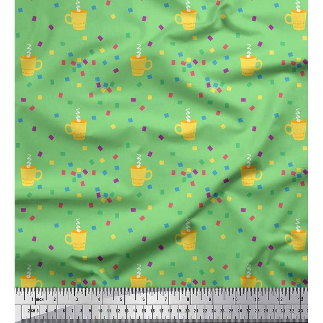 Soimoi Green Moss Georgette Fabric Boxes & Coffee Cups Decor Fabric Printed Yard 42 Inch Wide