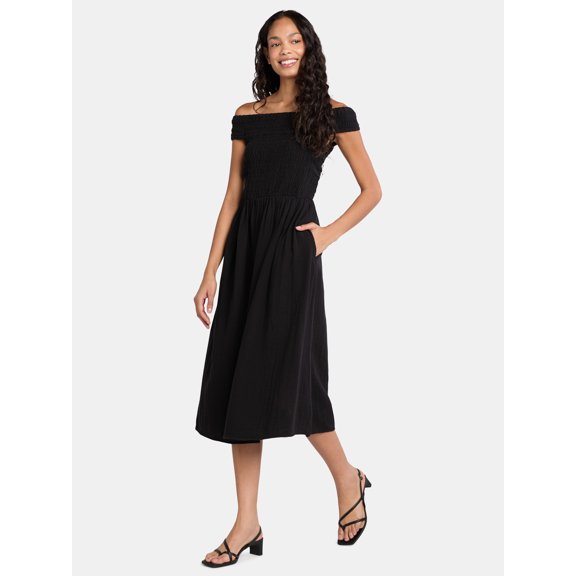 Time and Tru Women's Cotton Off the Shoulder Midi Dress, Sizes XS-XXXL