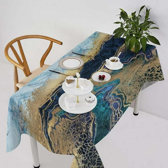 Marble Waterproof Tablecloth,Abstract Blue Marble Fake Stone Liquid Gold Foil and Glitter Reusable Oil-Proof Table Cover for Kitchen Dining Room Party Holiday Celebration Rectangle-60 x120