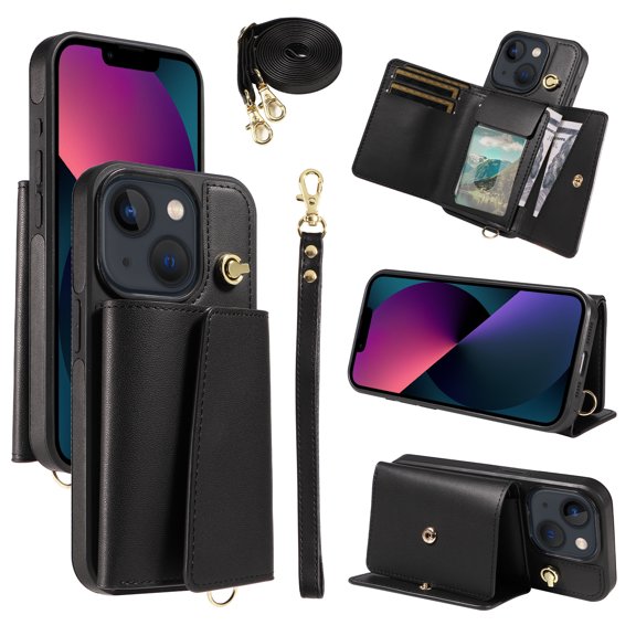 ELEHOLD Wallet Case for iPhone 13, PU Leather Flip Case with Crossbody & Wrist Strap,Full Protection Case with Card Slots & Kickstand,Black