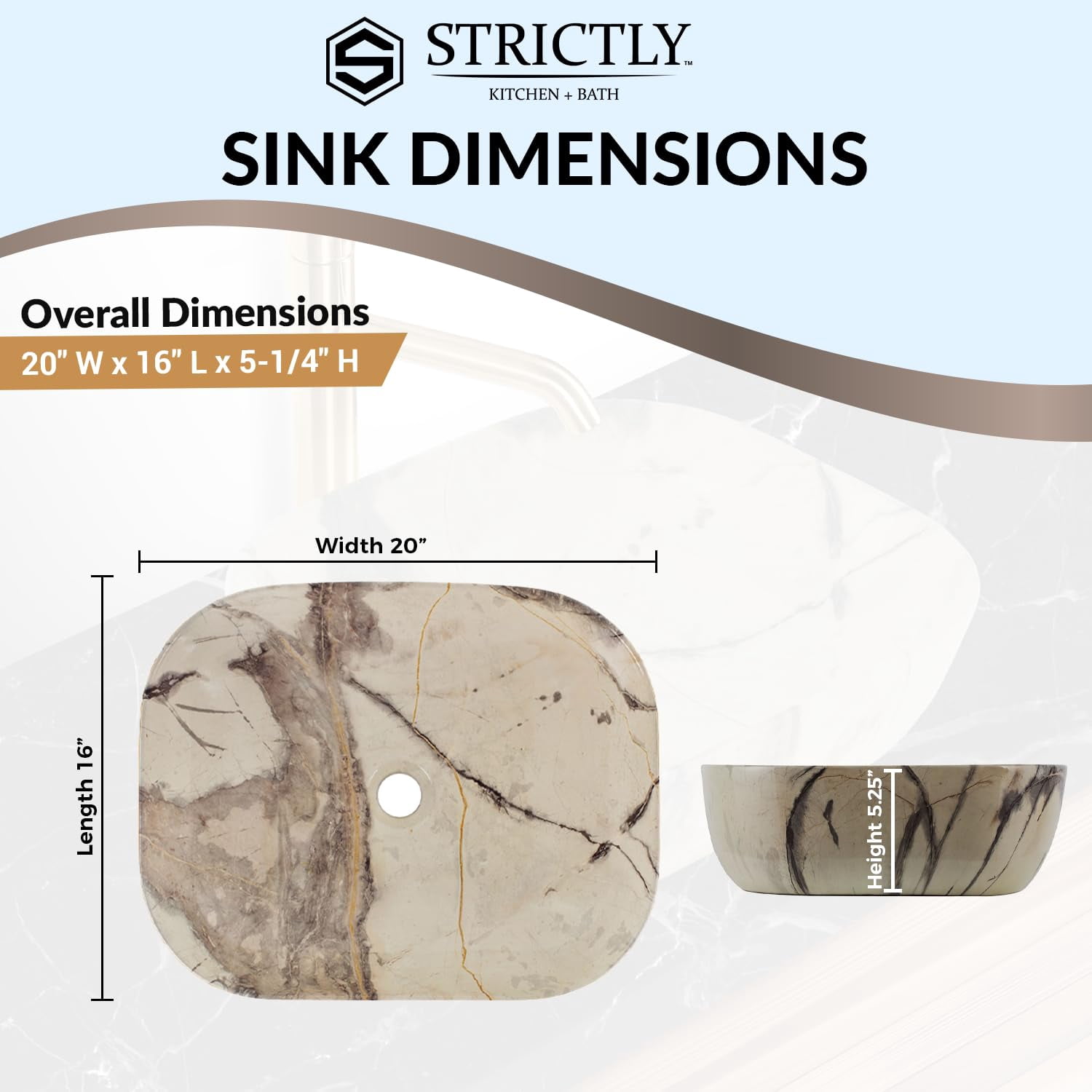 Strictly Sinks 20" Bathroom Vessel Sink Calacatta Marble Design Ceramic Countertop Luxurious Sink