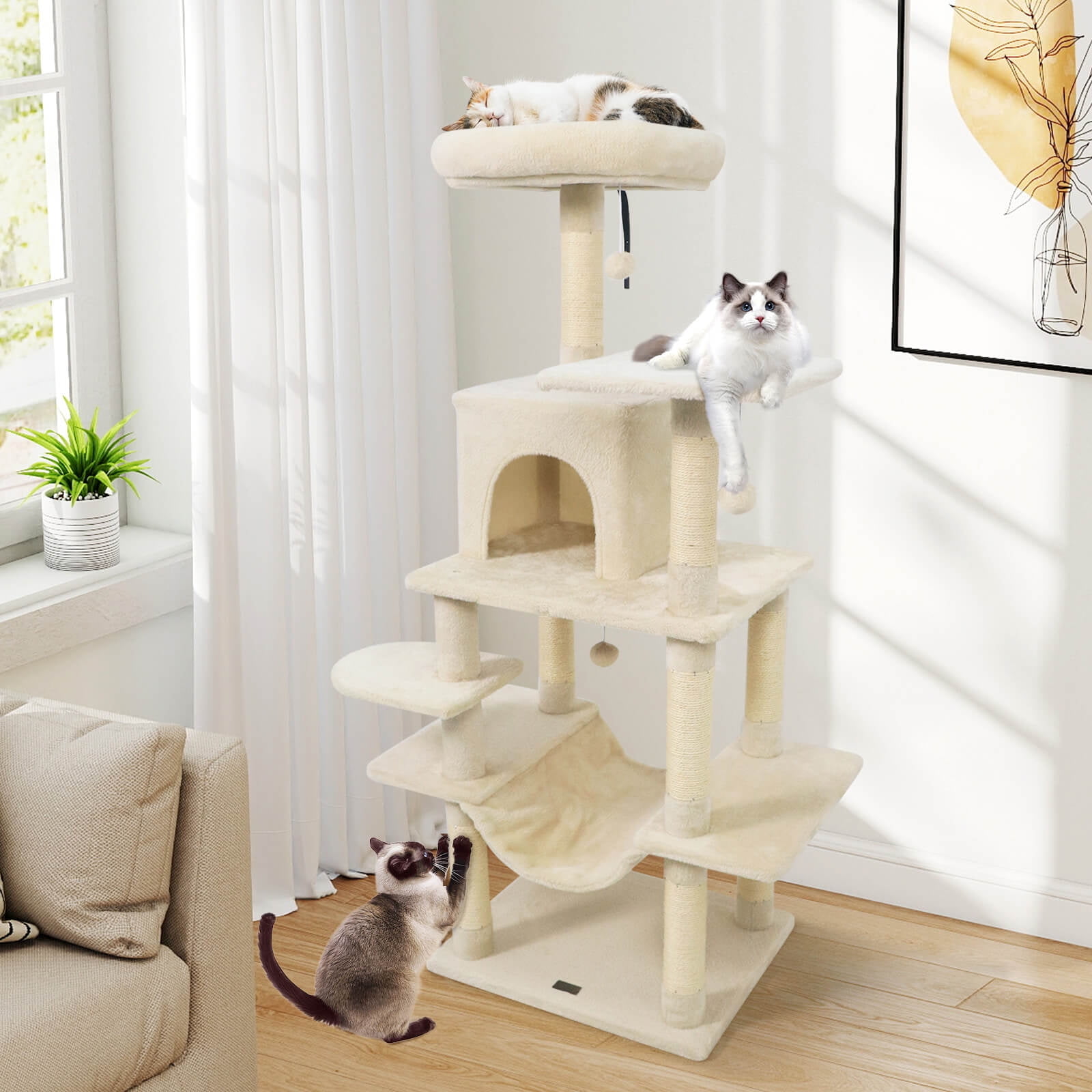 Costway 58” Tall Multi-level Cat Tree with Upholstered Perch & Cat Condo, Comfy Hammock Beige