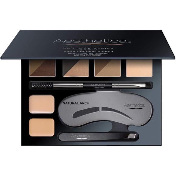 Kit de contorno de cejas de Aesthetica, paleta de maquillaje para cejas de 16 piezas, 6 polvos para cejas, 5 plantillas para cejas, carrete/pincel dúo, pinzas, resaltador de cera para cejas, regalos ú