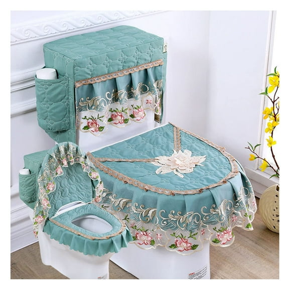 HPZZ Soft Lace toilet lid, tank, seat top cover 3 piece set Toilet seat cover set 3 piece with Storage Bags (Green)