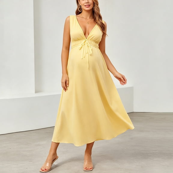 Women Maternity Sleeveless Gown Solid V-Neck Waist Drawstring Flowy Maxi Gown Dress for Pregnancy Photography Yellow XXL