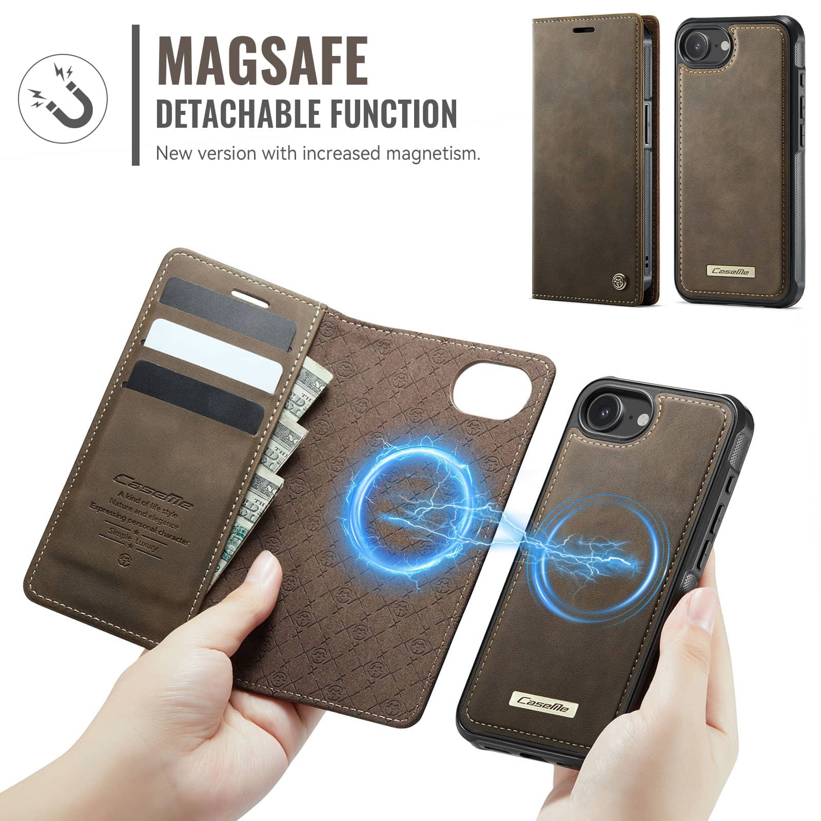 Magnetic 2 in 1 Magsafe Detachable Wallet Case for iPhone 16e with Card Holder Women Men, Retro PU Leather【RFID Blocking】Kickstand Shockproof Cover