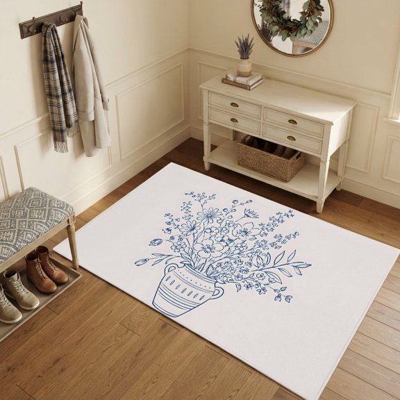 Area Rugs 3'x5', Blue Floral Carpet Runner Indoor Outdoor Rugs Home Decor Aesthetic, Country Wildflowers Vase Plants Retro Lines Non Slip Mats Washable Accent Rug for Living Room Bedroom