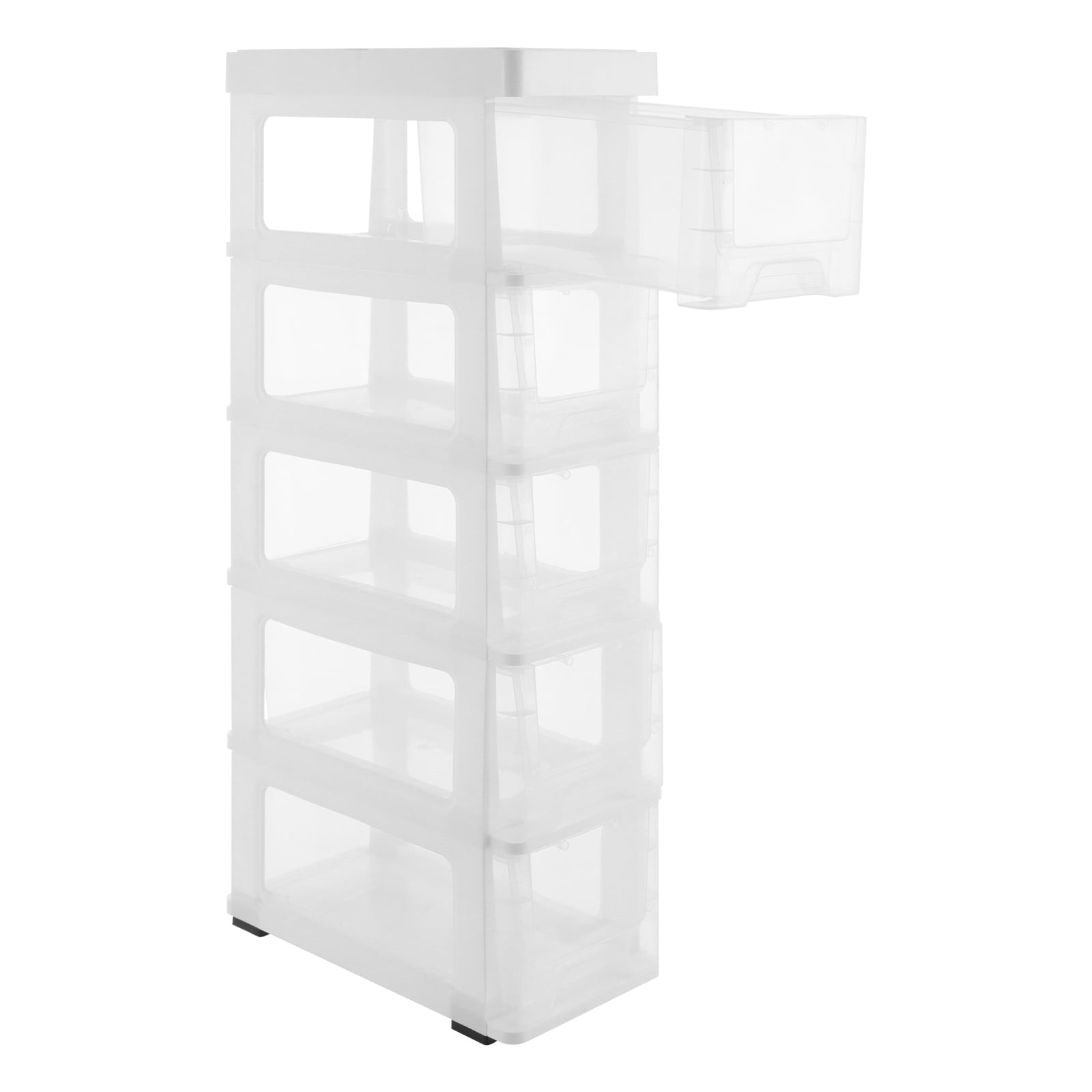 ToppiJoy 5 Drawers Narrow Bathroom Storage Cabinet, Storage Cabinet with Movable Wheels for Bathroom, Bedroom (White, Clear)