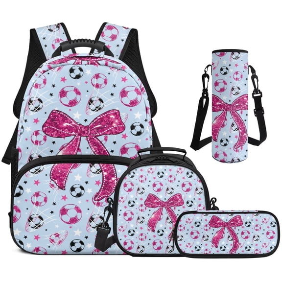 Garronmavis Kids Girls Backpack and Lunch Box Set, 4-Piece School Bag Set Includes Backpack, Lunch Bag, Pencil Case, Water Bottle Bag, Soccer Glitter Bow Print Bookbag for Daily Elementary School Use
