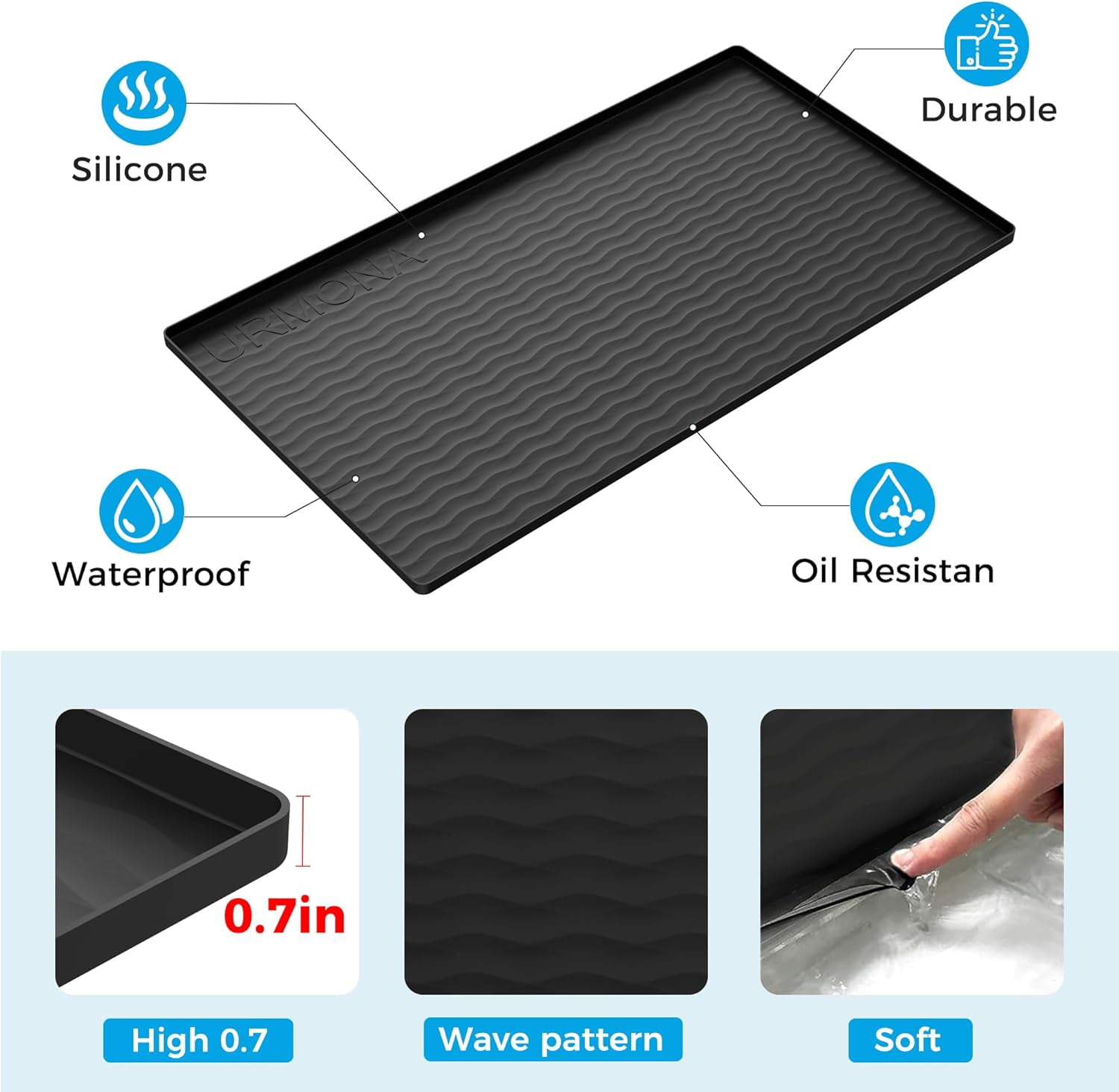 22'' x 22'' Waterproof Silicone Under Sink Mat Cabinet and Counter Protector, Shelf Liner for Kitchen and Bathroom, Storage and Organizers, Litter Mat, Pet Cat Puppy Essentials（Black）