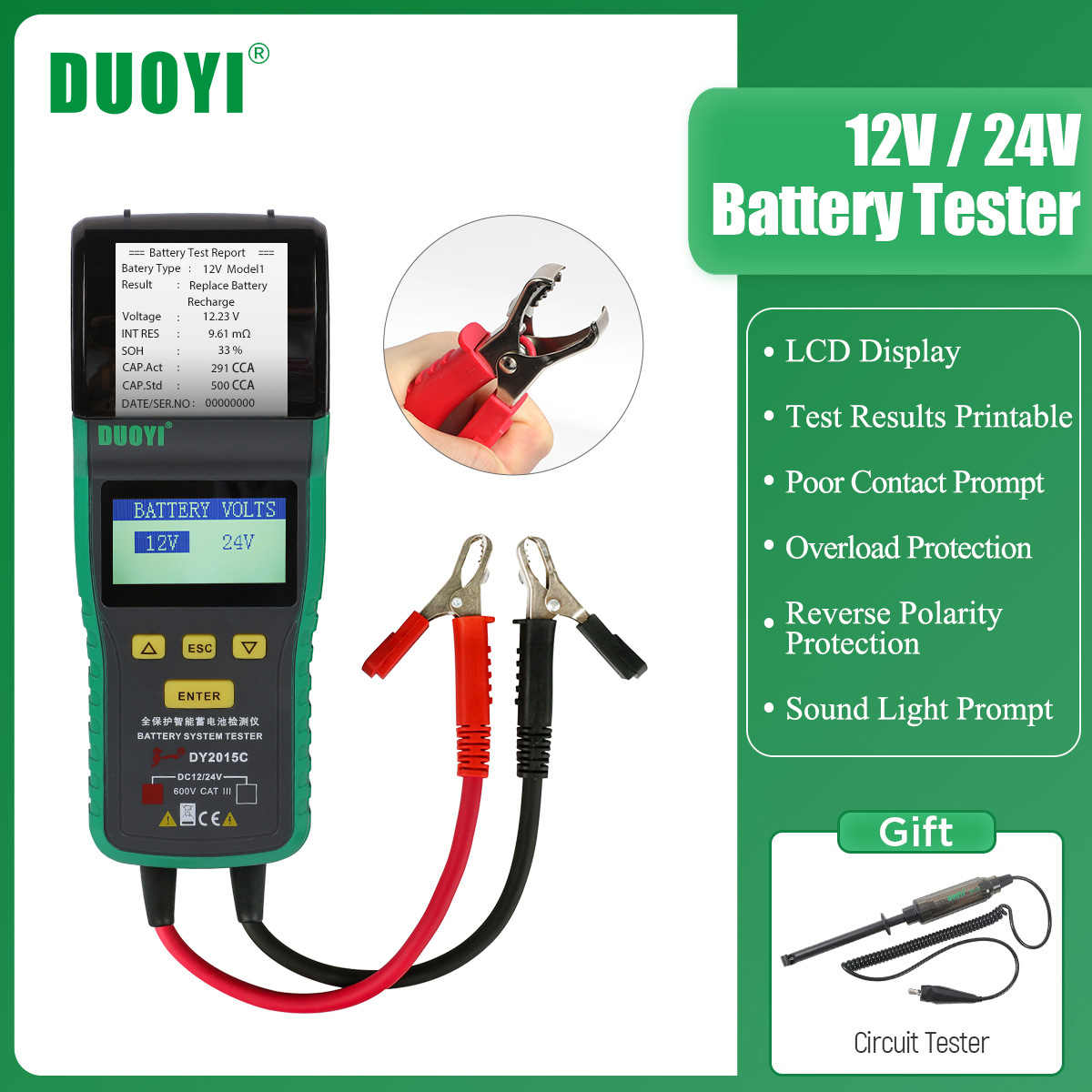Car Battery Tester with Printer, 12V 24V Automotive Battery Load Tester